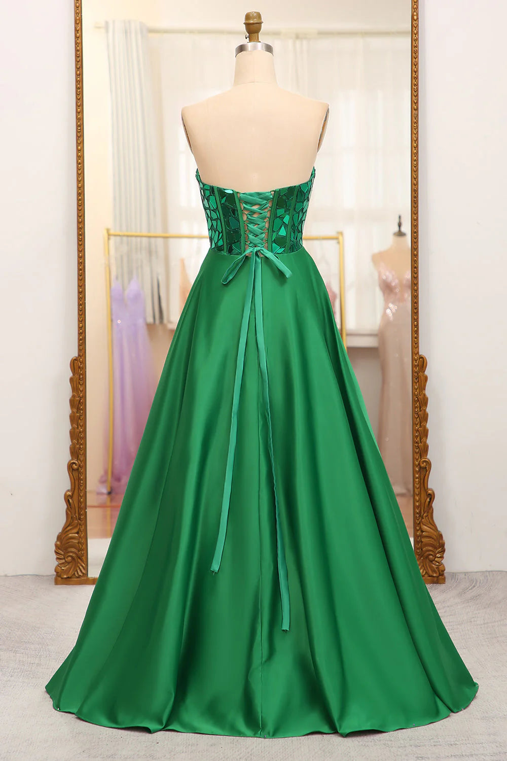 Deep green A-line sweetheart mirror long ball gown