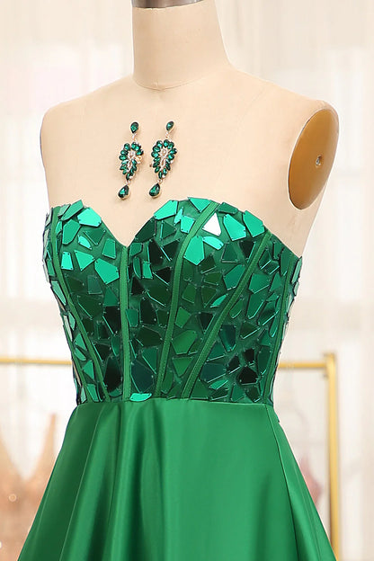 Deep green A-line sweetheart mirror long ball gown