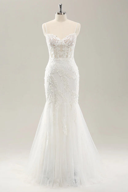 Floral lace white fishtail corset sheer wedding dress