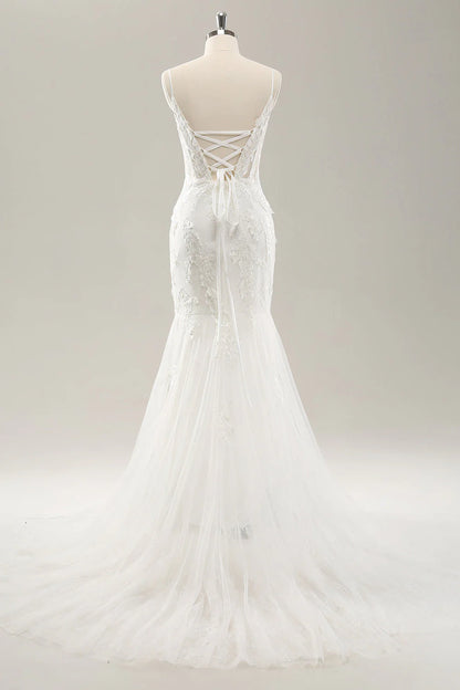 Floral lace white fishtail corset sheer wedding dress