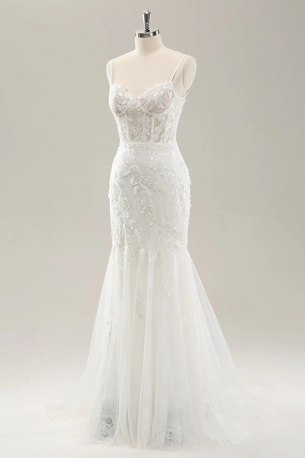 Floral lace white fishtail corset sheer wedding dress