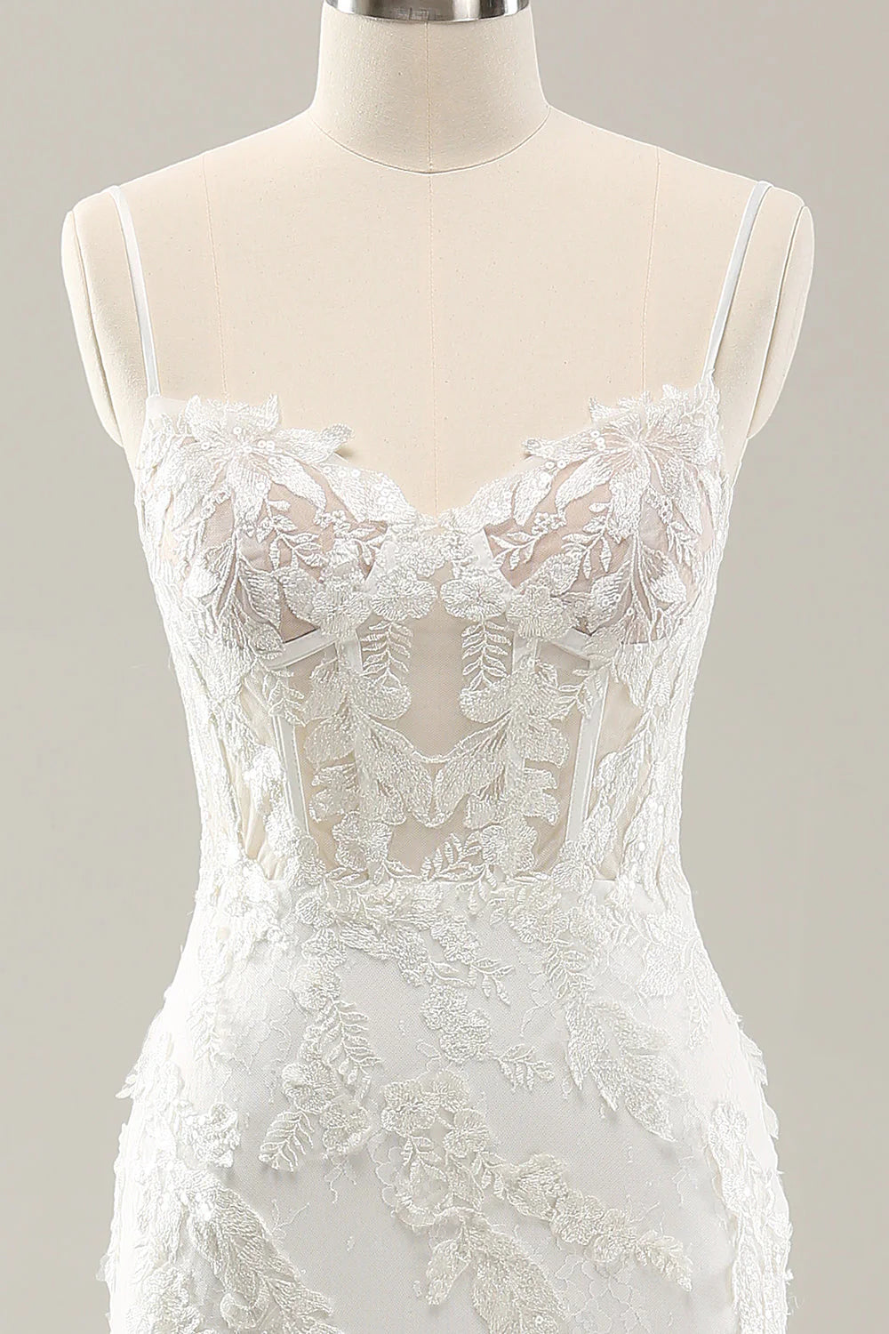 Floral lace white fishtail corset sheer wedding dress