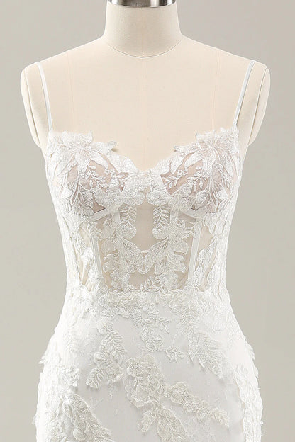 Floral lace white fishtail corset sheer wedding dress