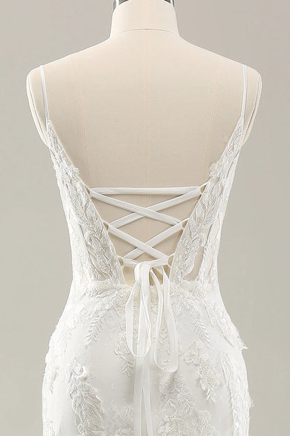 Floral lace white fishtail corset sheer wedding dress