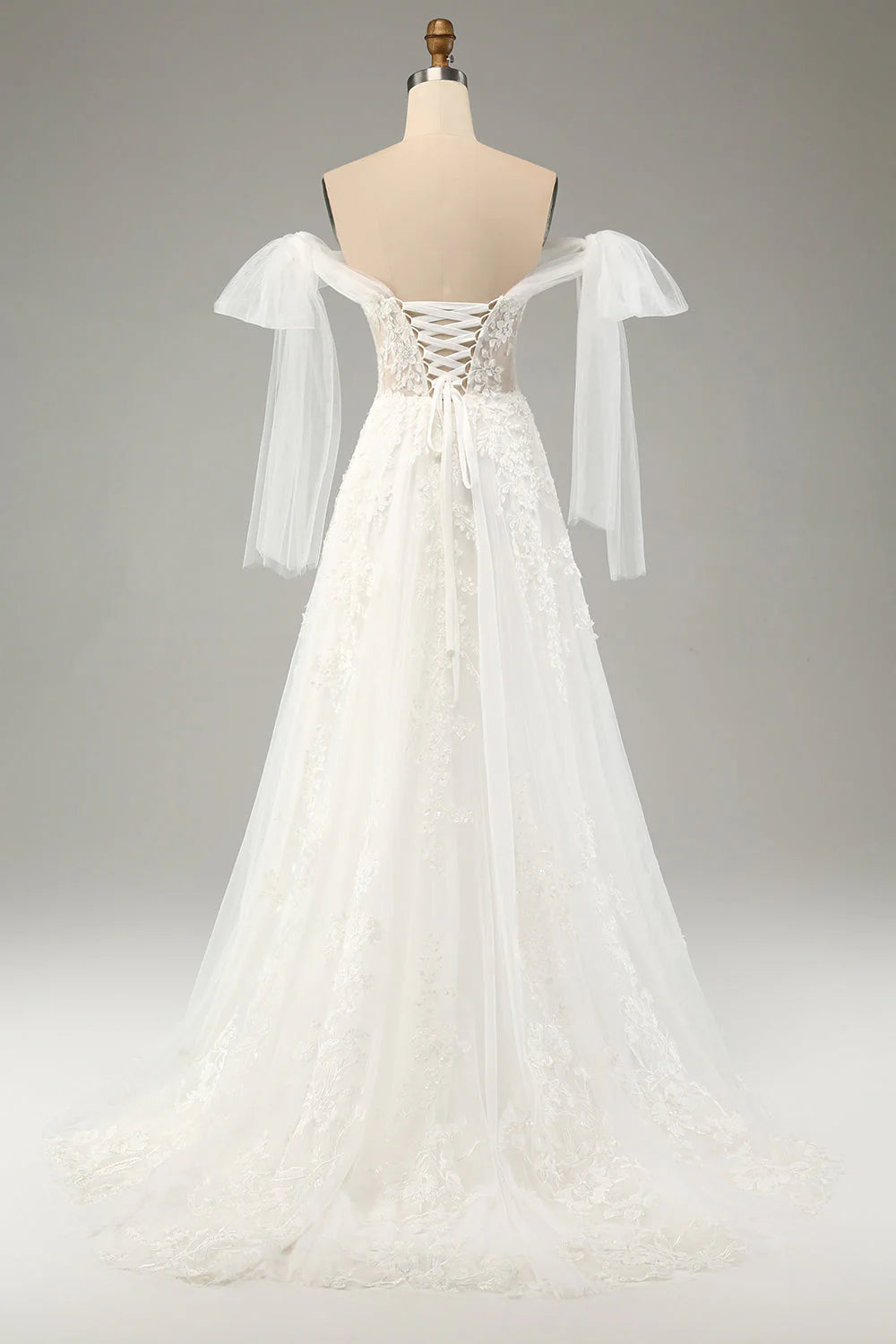 Princess's white A-line lace sheer tight corset wedding dress