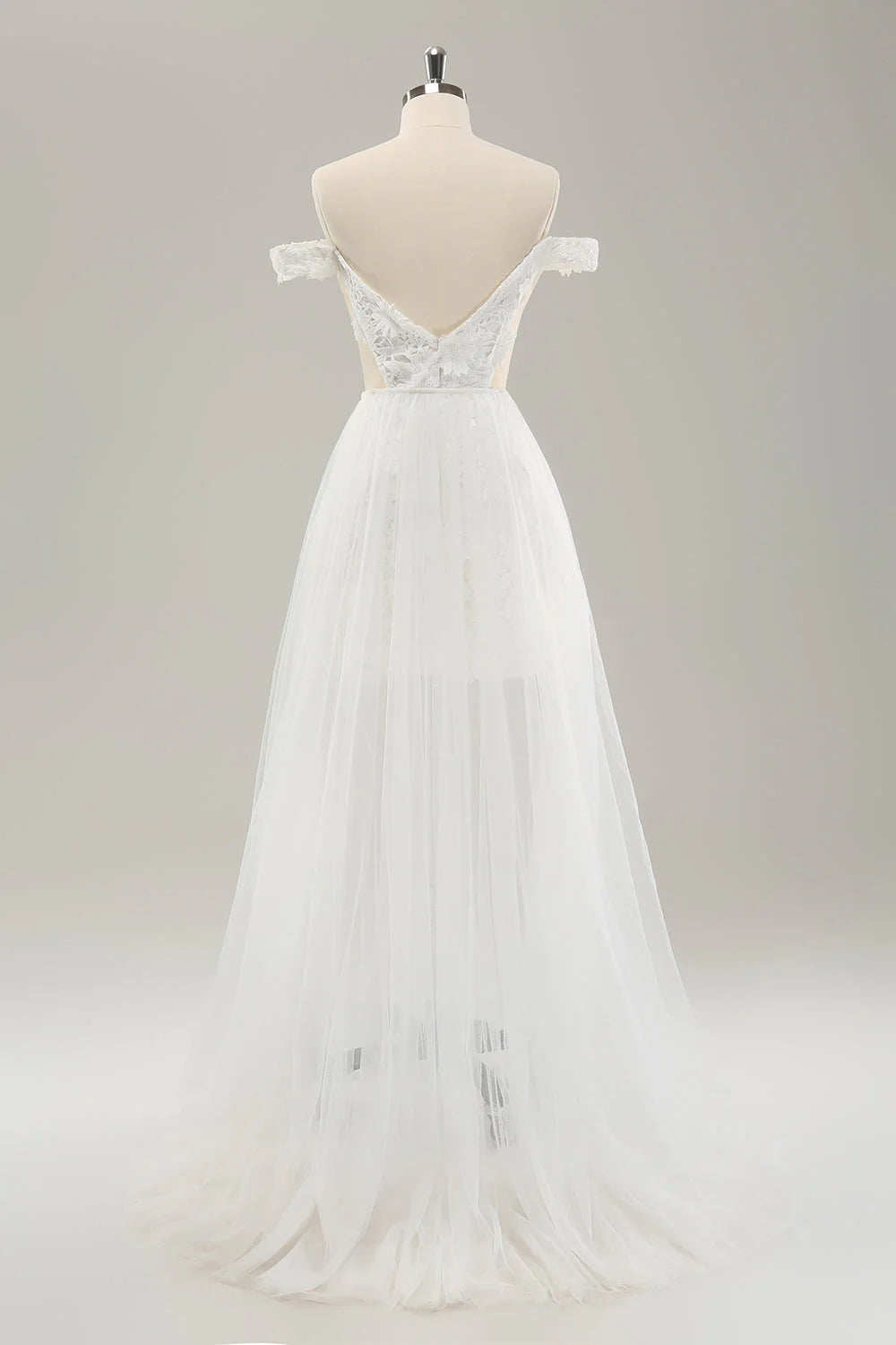 White detachable chiffon off shoulder hollow wedding dress