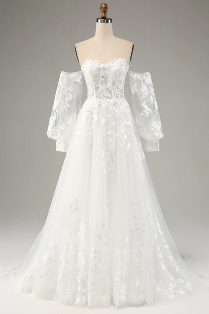 White A-line chiffon long sleeved wedding dress with applique lace