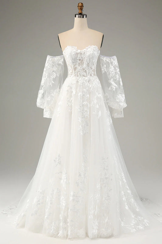 White A-line chiffon long sleeved wedding dress with applique lace