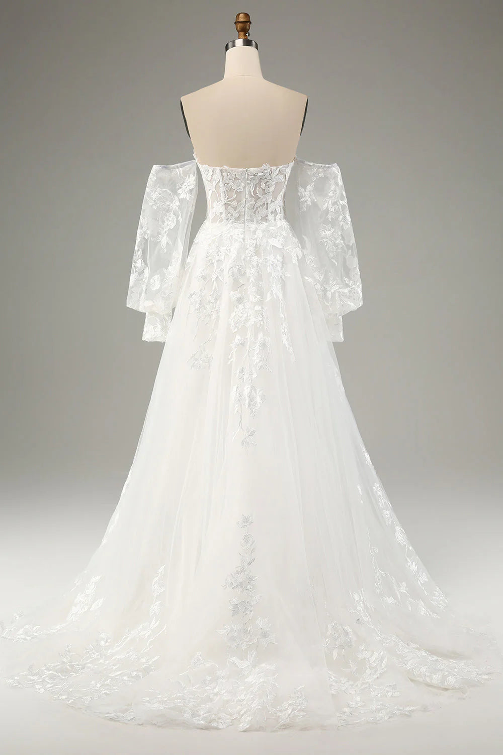 White A-line chiffon long sleeved wedding dress with applique lace