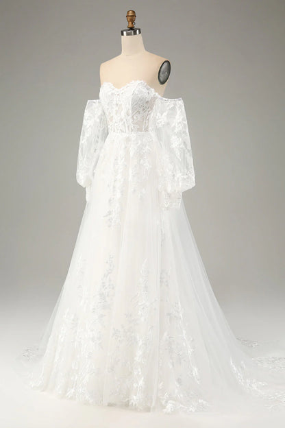 White A-line chiffon long sleeved wedding dress with applique lace