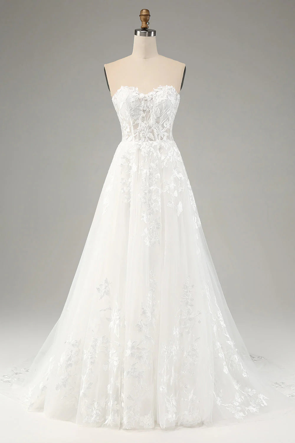 White A-line chiffon long sleeved wedding dress with applique lace