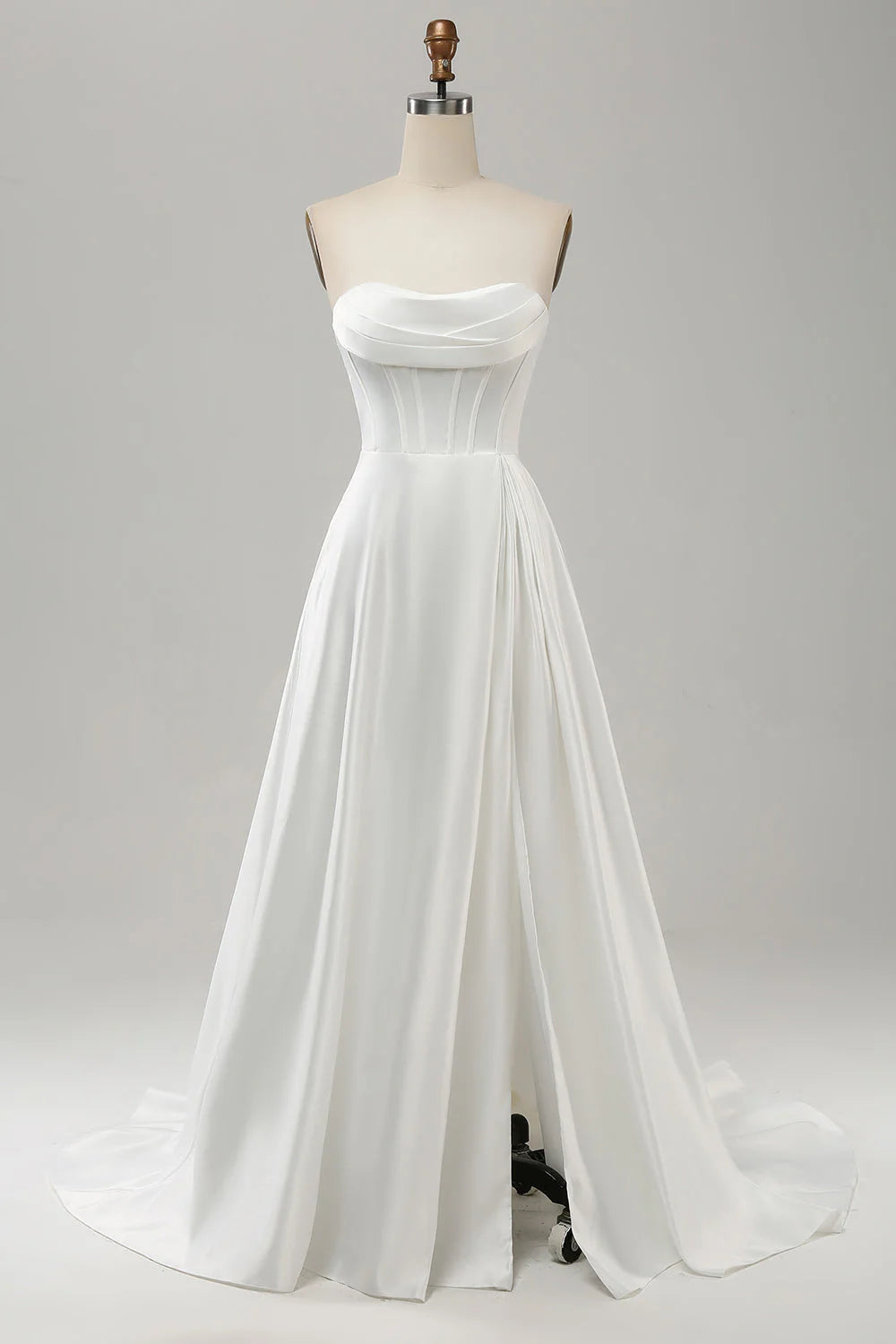 Elegant white A-line strapless pleated sweep trailing slit