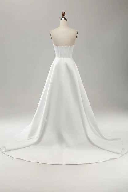 Elegant white A-line strapless pleated sweep trailing slit