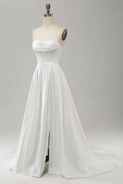 Elegant white A-line strapless pleated sweep trailing slit