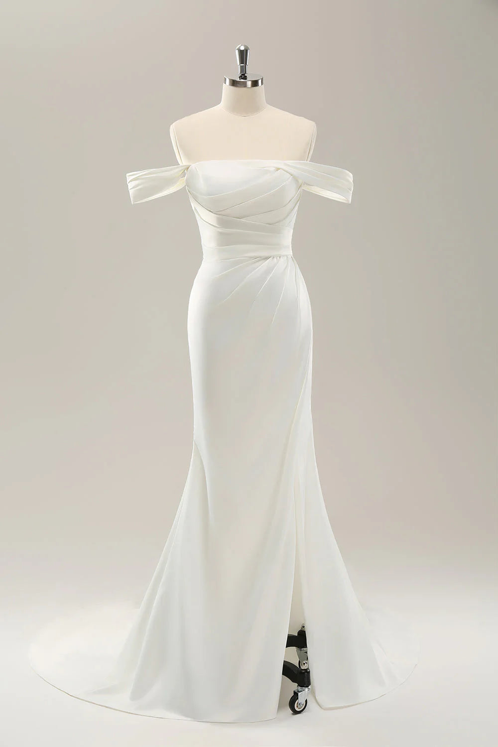 White slit off shoulder fish tail pleated satin wedding dress