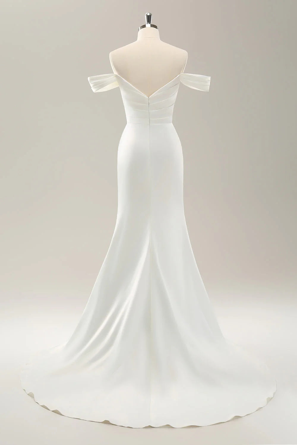 White slit off shoulder fish tail pleated satin wedding dress