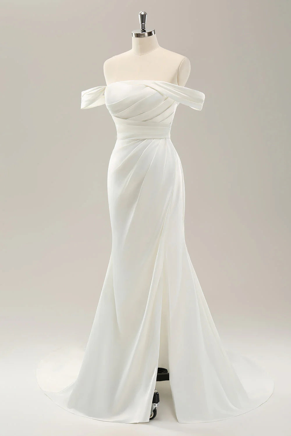 White slit off shoulder fish tail pleated satin wedding dress