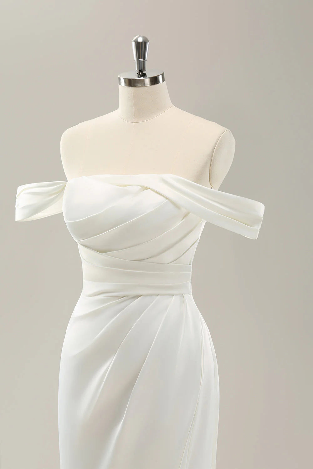 White slit off shoulder fish tail pleated satin wedding dress