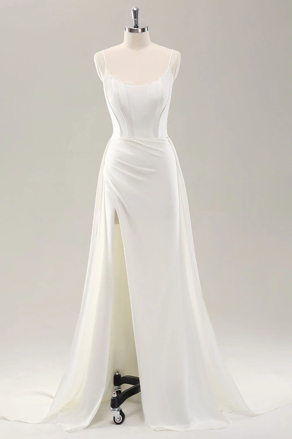 White thin shoulder strap slit satin trailing wedding dress