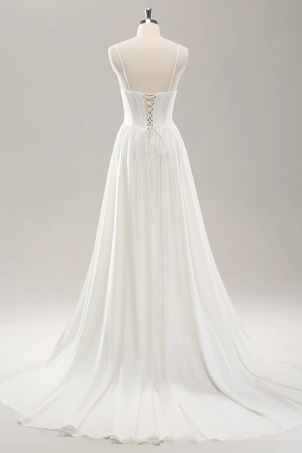 White thin shoulder strap slit satin trailing wedding dress