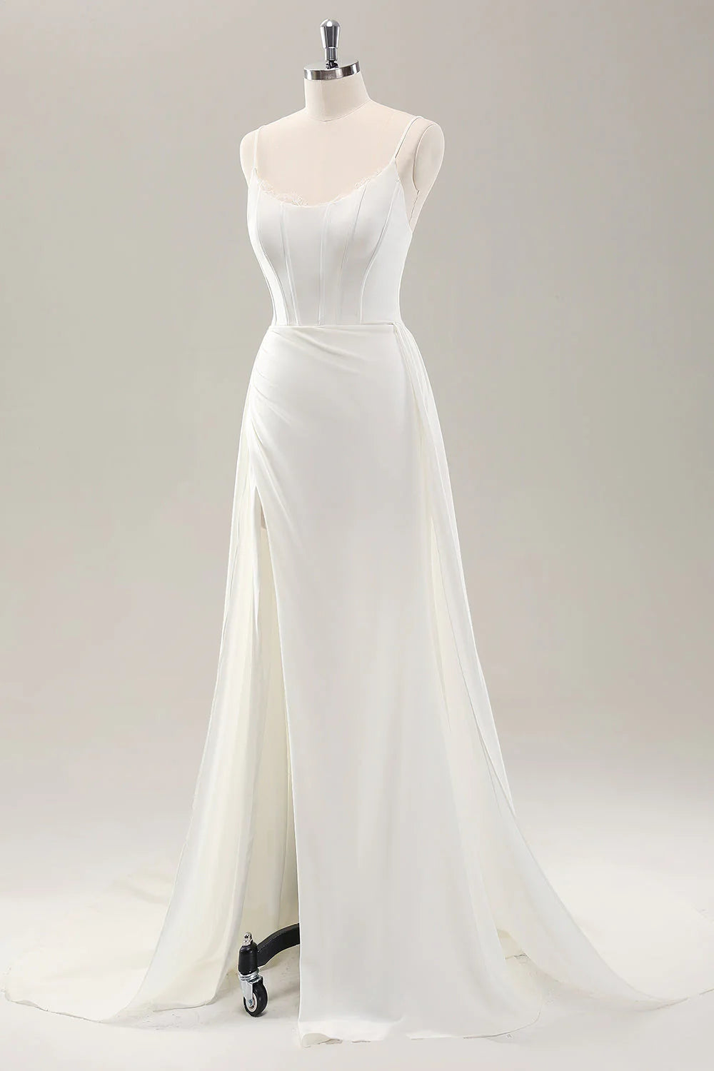 White thin shoulder strap slit satin trailing wedding dress