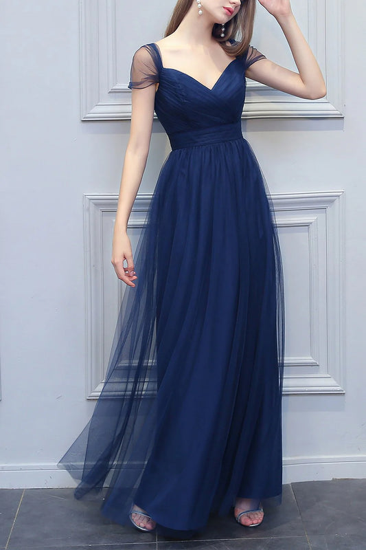 A-shaped V-neck long sheer bridesmaid dress