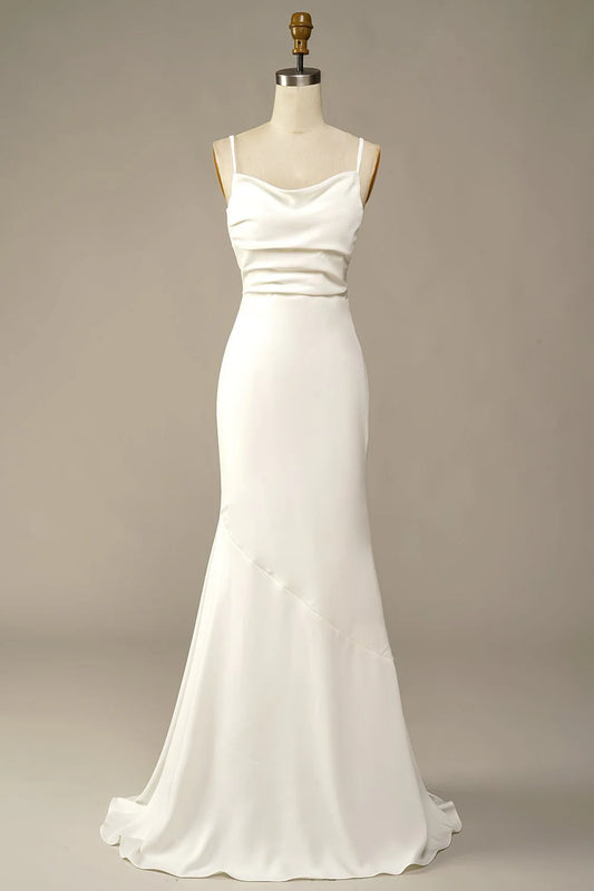 White fishtail thin shoulder strap off the shoulder long off the back and floor length wedding dress