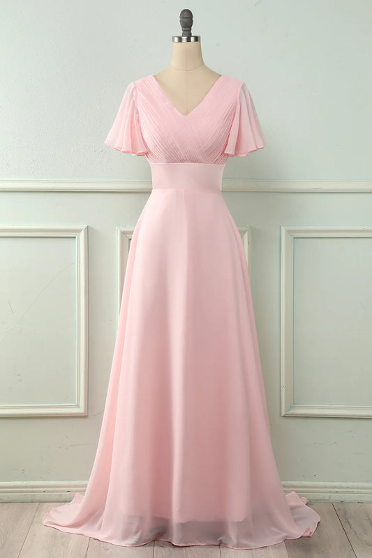 V-neck pink ruffled bridesmaid dress