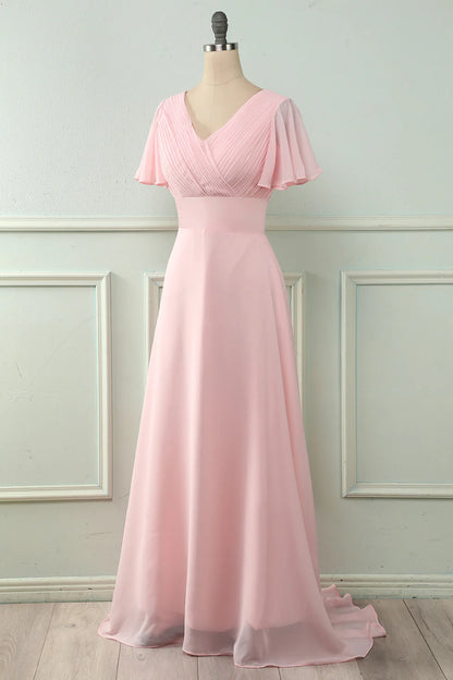 V-neck pink ruffled bridesmaid dress