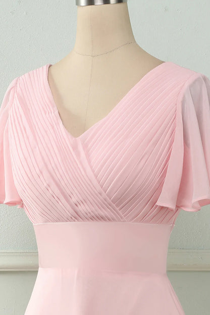 V-neck pink ruffled bridesmaid dress