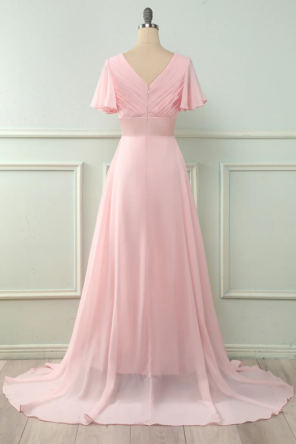 V-neck pink ruffled bridesmaid dress