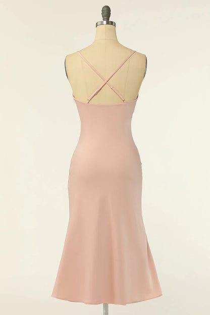 Sheath Spaghetti Straps Blush Bridesmaid Dress