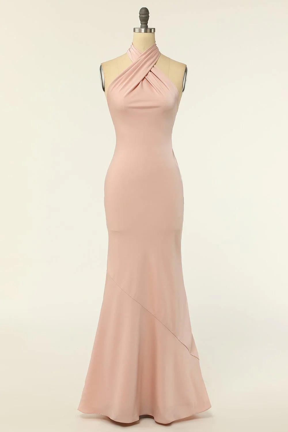 Mermaid neck hanging powder blusher long backless bridesmaid dress