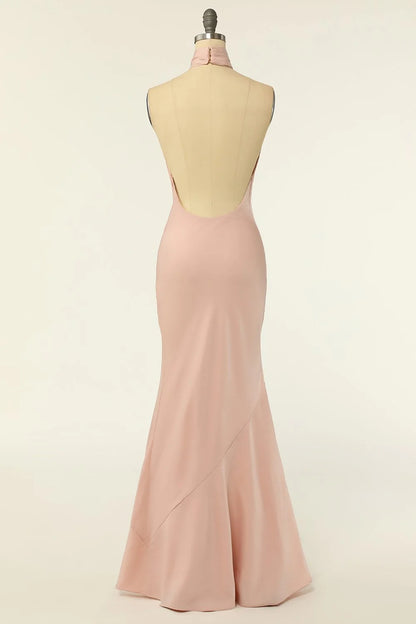 Mermaid neck hanging powder blusher long backless bridesmaid dress