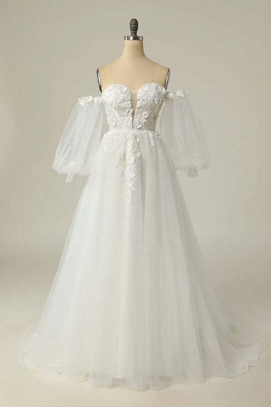 A Line Off Shoulder Ivory Long sleeved Wedding Dress