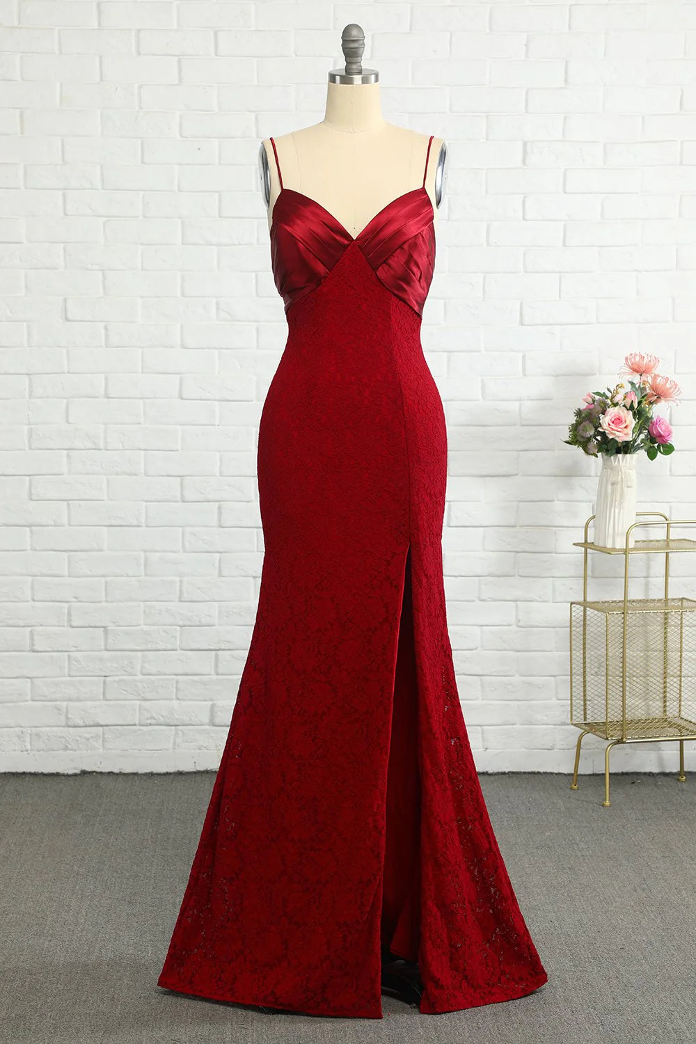 Lace deep red bridesmaid dress