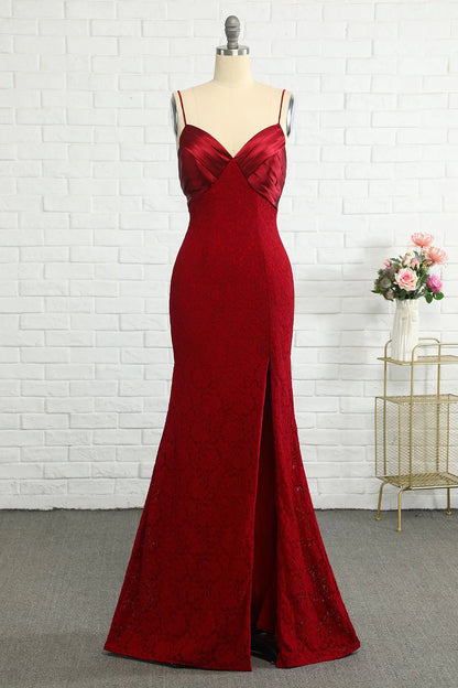 Lace deep red bridesmaid dress