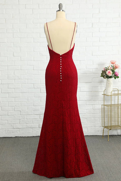 Lace deep red bridesmaid dress