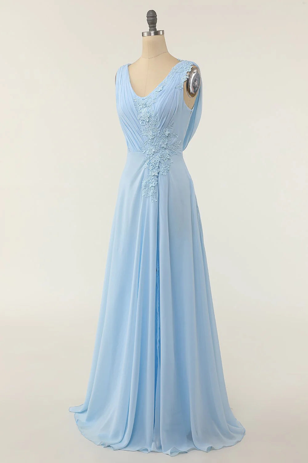 V-neck blue ruffled bridesmaid dress