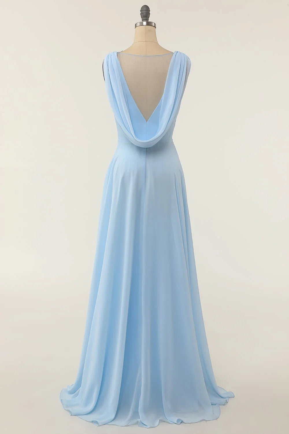 V-neck blue ruffled bridesmaid dress