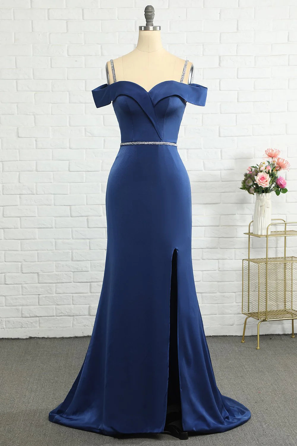 Beaded Mermaid Off Shoulder Navy Blue Bridesmaid Dress