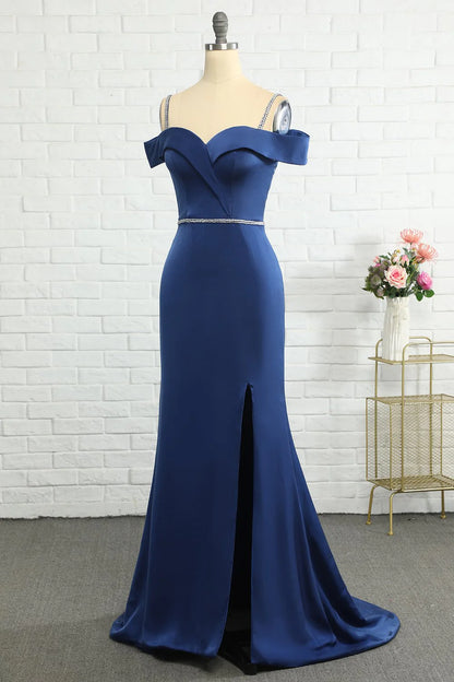 Beaded Mermaid Off Shoulder Navy Blue Bridesmaid Dress