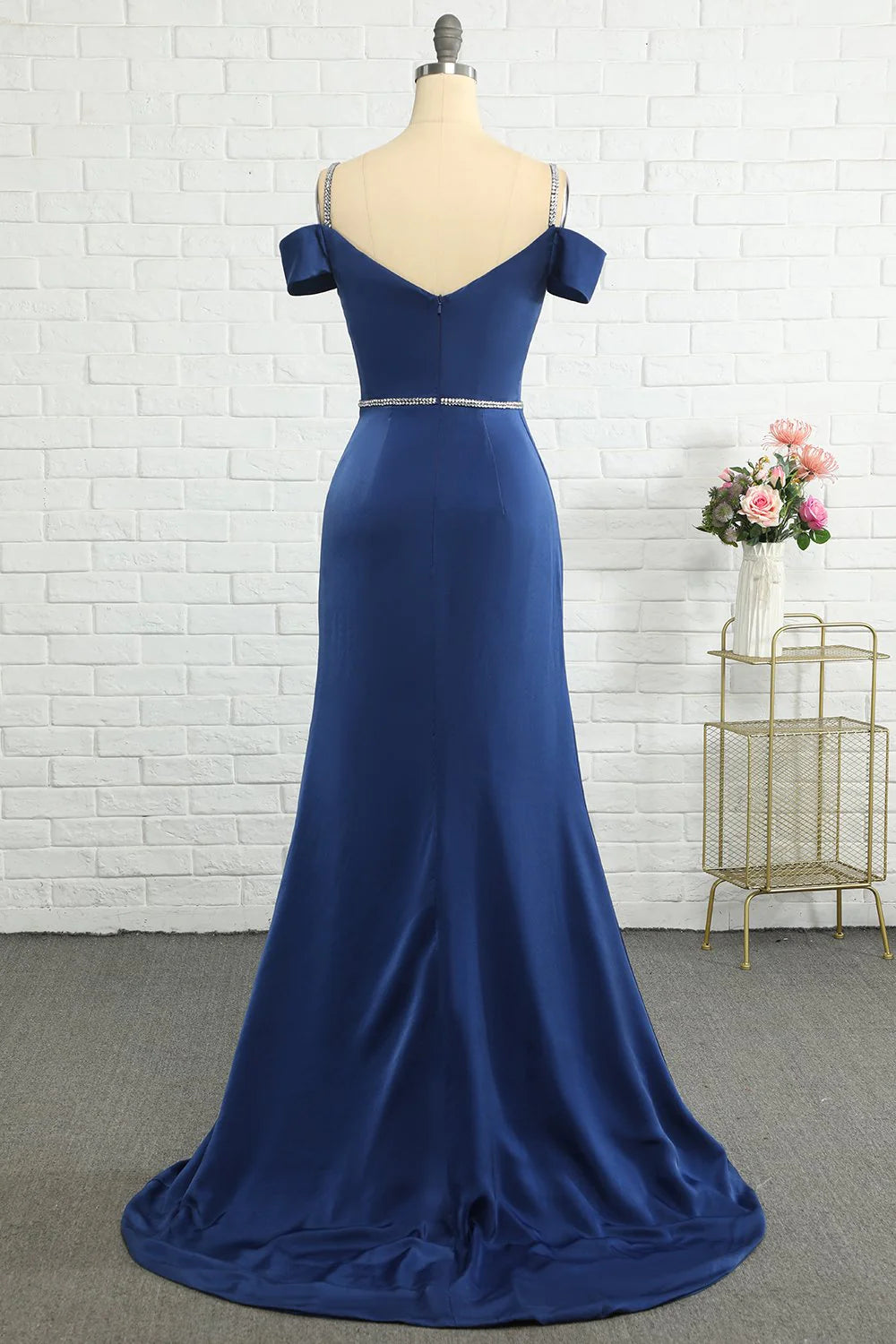 Beaded Mermaid Off Shoulder Navy Blue Bridesmaid Dress