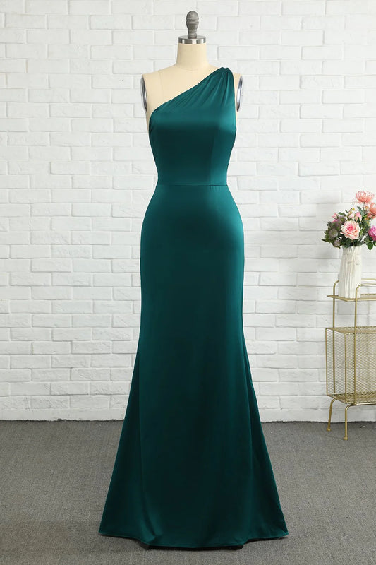 Fish tail one shoulder deep green long bridesmaid dress