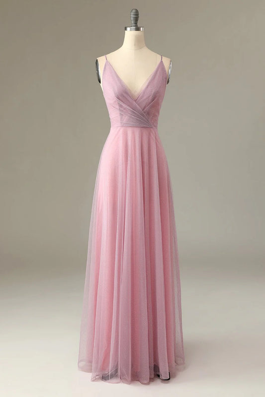 A Line thin shoulder strap grey pink bridesmaid dress