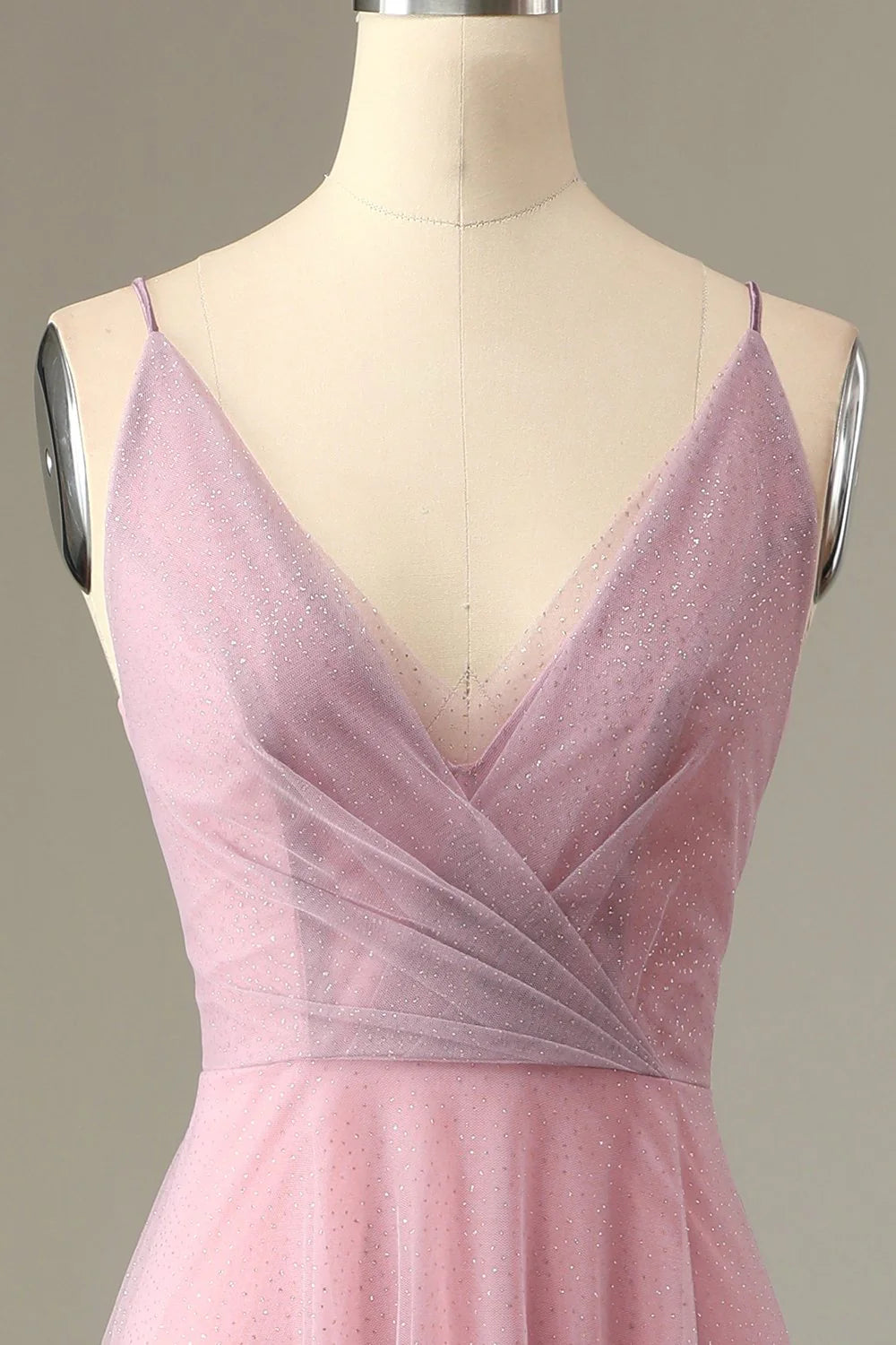 A Line thin shoulder strap grey pink bridesmaid dress