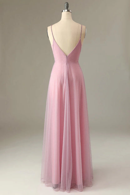 A Line thin shoulder strap grey pink bridesmaid dress