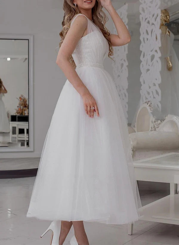 A-line V-neck sleeveless sequin and ankle sheer wedding dress