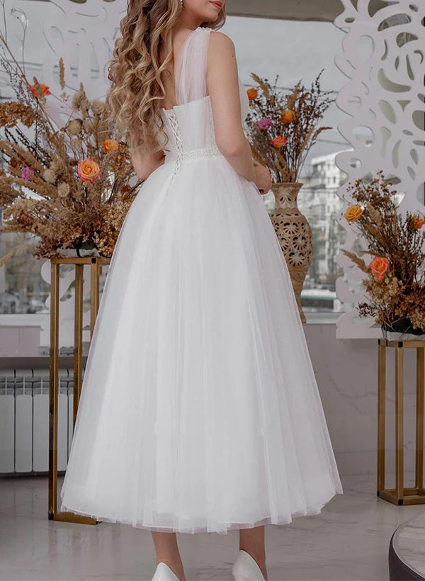 A-line V-neck sleeveless sequin and ankle sheer wedding dress