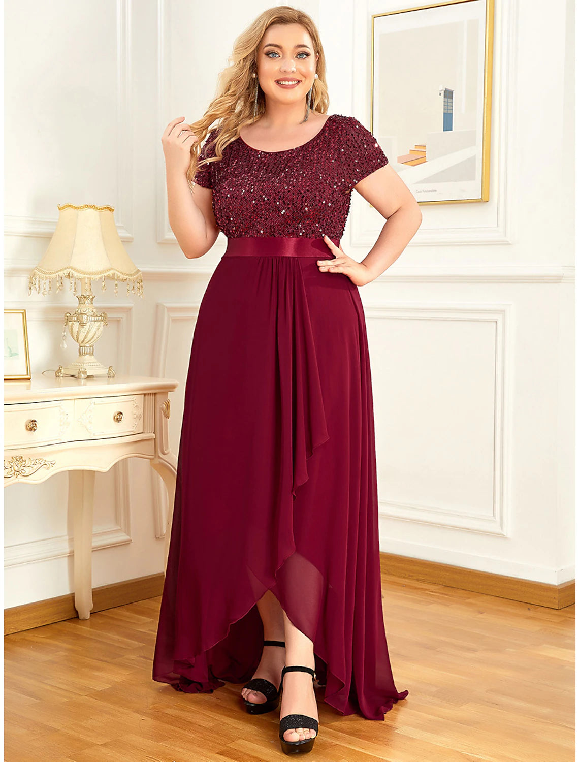 A-Line Plus Size Elegant Homecoming Formal Evening Dress Jewel Neck Short Sleeve Asymmetrical Chiffon with Sequin